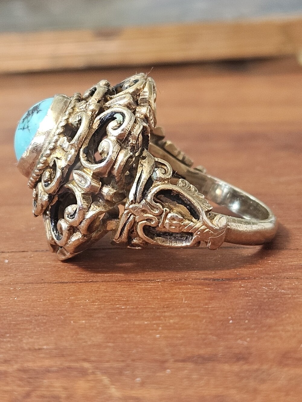 Antique Astro Hungarian Etruscan Sterling Silver Gold Turquoise Cocktail Ring
